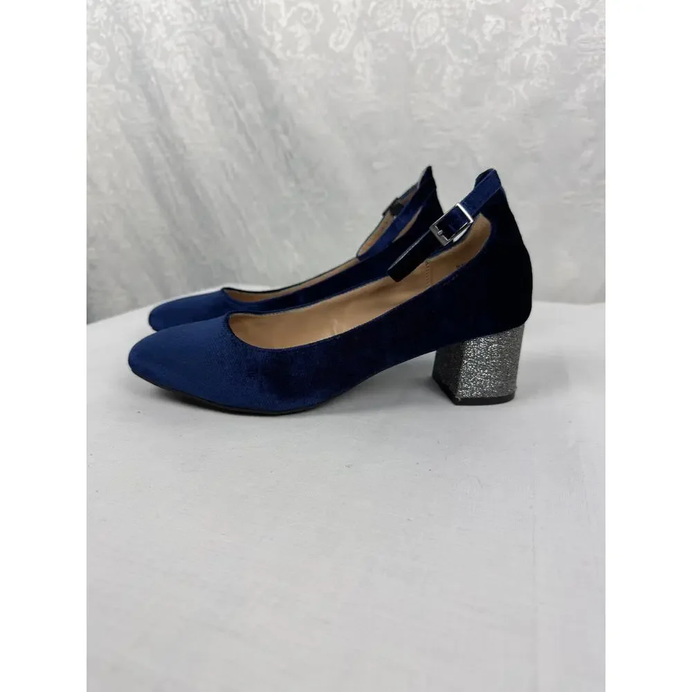 Andrew Geller Navy Velvet Mary Jane Pumps Sparkle Block Heel Size 8.5